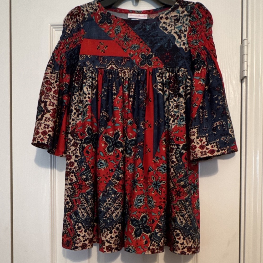Bonnie Jean Girls A-Line Knee Length 3/4 Sleeve Floral Dress Red Navy Beige